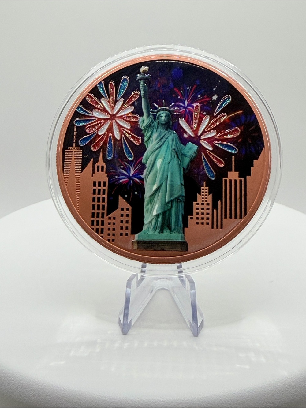 5 oz Colorized Copper Round Statue of Liberty NYC Fireworks - Limited Edition